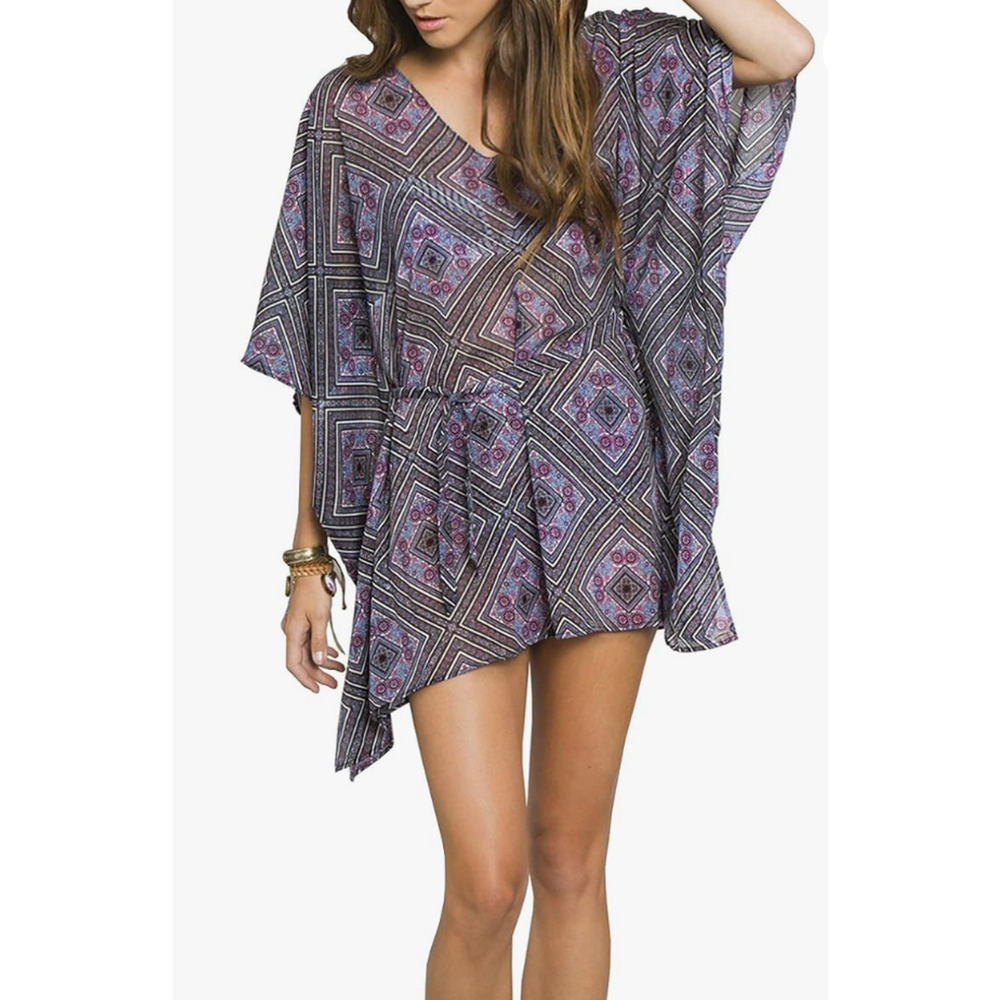 Oneill Adela Cover Up Womens XS/S Semi Sheer Paisley Beach Poncho Waist Tie - Picture 10 of 11
